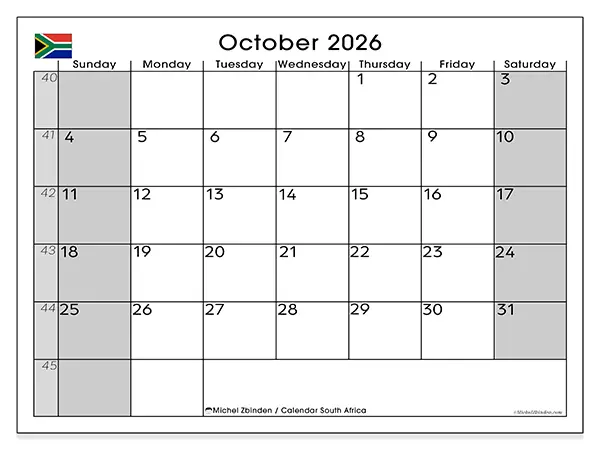 Printable October 2026 calendar - South Africa