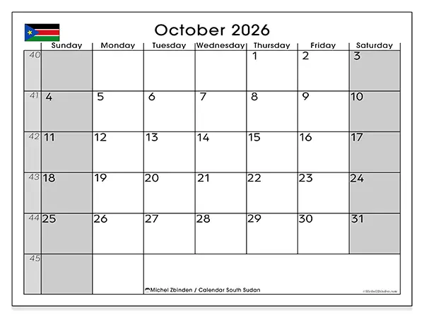 Printable October 2026 calendar - South Sudan