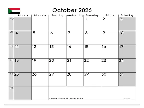 Printable October 2026 calendar - Sudan