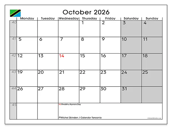 Printable October 2026 calendar - Tanzania