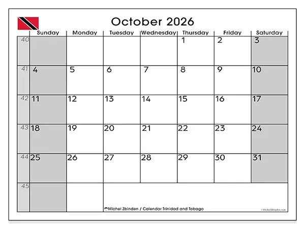 Printable October 2026 calendar - Trinidad and Tobago