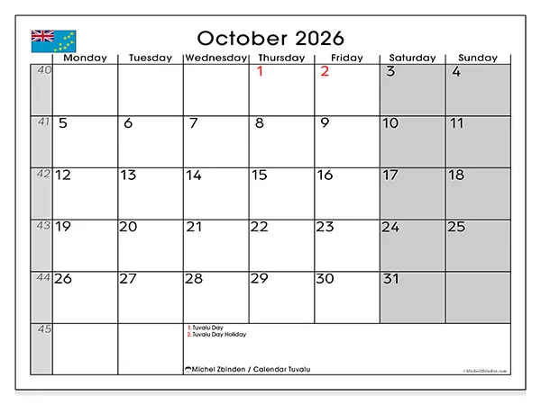 Printable October 2026 calendar - Tuvalu