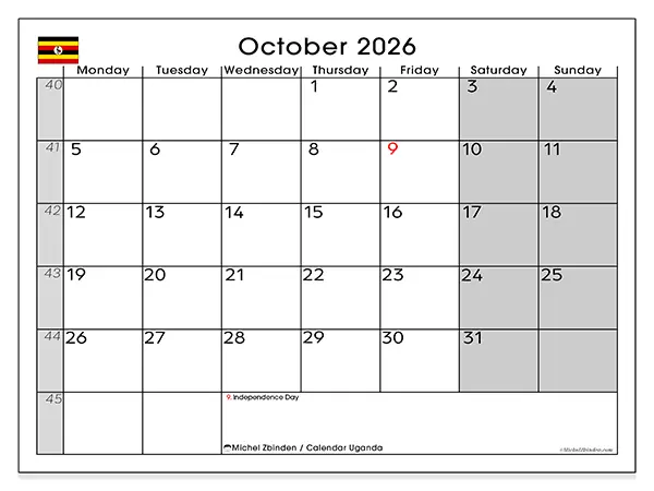 Printable October 2026 calendar - Uganda