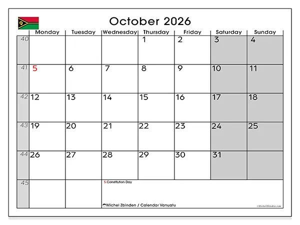Printable October 2026 calendar - Vanuatu