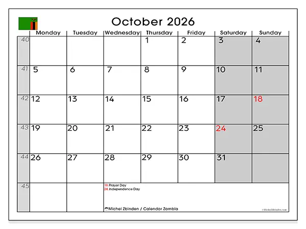 Printable October 2026 calendar - Zambia