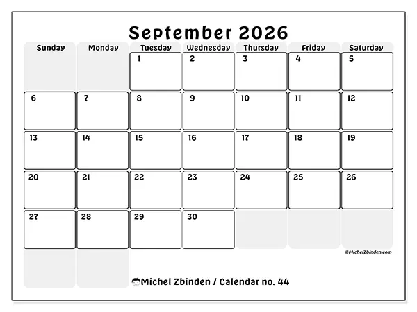 Printable September 2026 calendar - Structured planning - Week from Sunday to Saturday