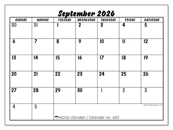 Printable September 2026 calendar - Detailed organization - Week from Sunday to Saturday