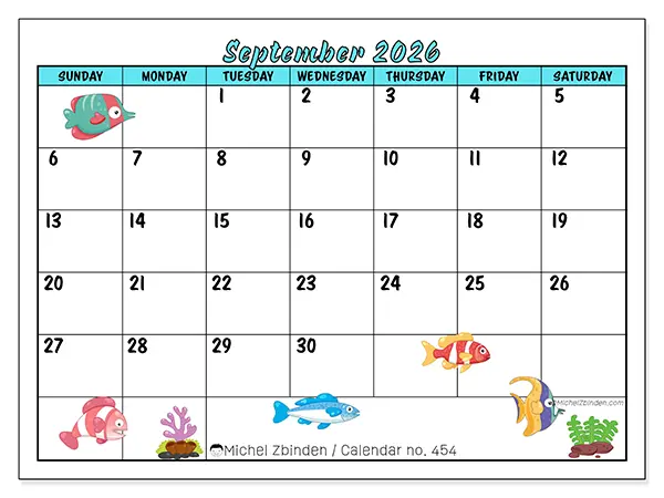 Printable September 2026 calendar - Colorful fish - Week from Sunday to Saturday