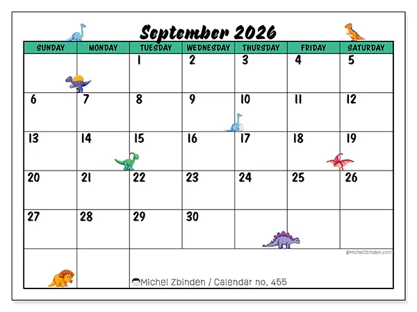 Printable September 2026 calendar - Little dinosaurs - Week from Sunday to Saturday