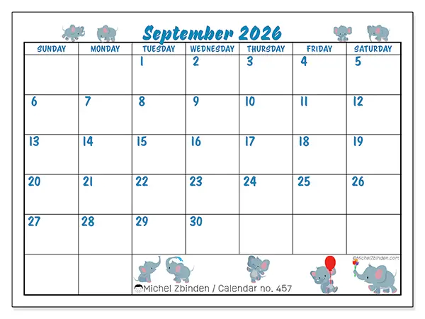Printable September 2026 calendar - Little elephants - Week from Sunday to Saturday