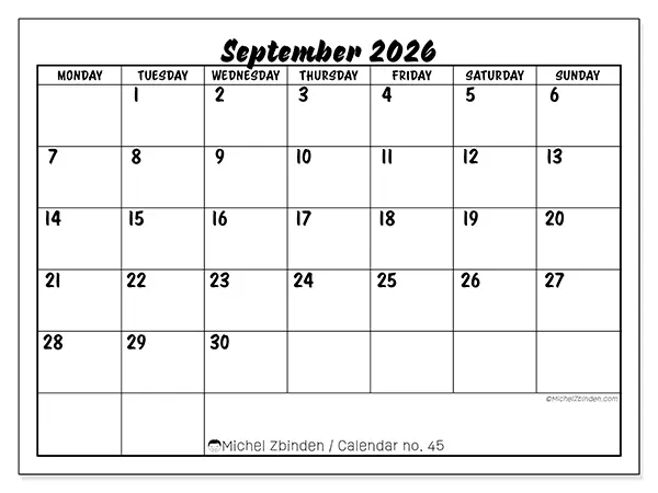 Printable September 2026 calendar - Academic success