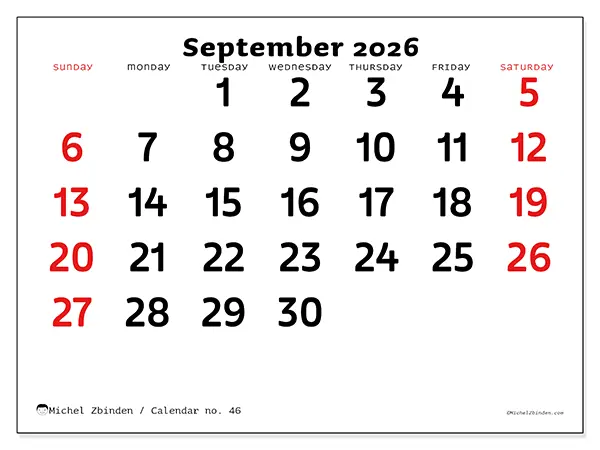 Printable September 2026 calendar - Clear vision - Week from Sunday to Saturday
