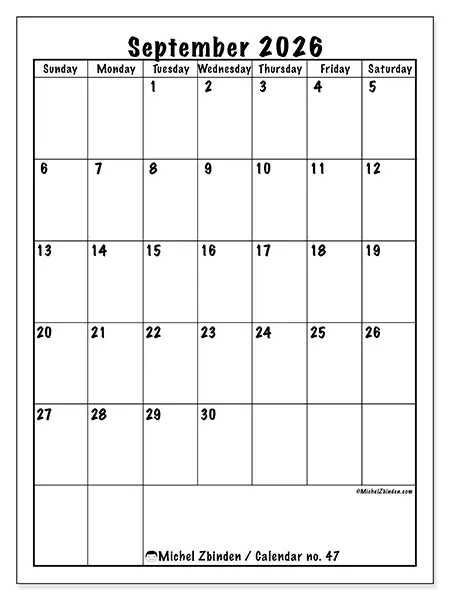 Printable September 2026 calendar - Efficient planning - Week from Sunday to Saturday
