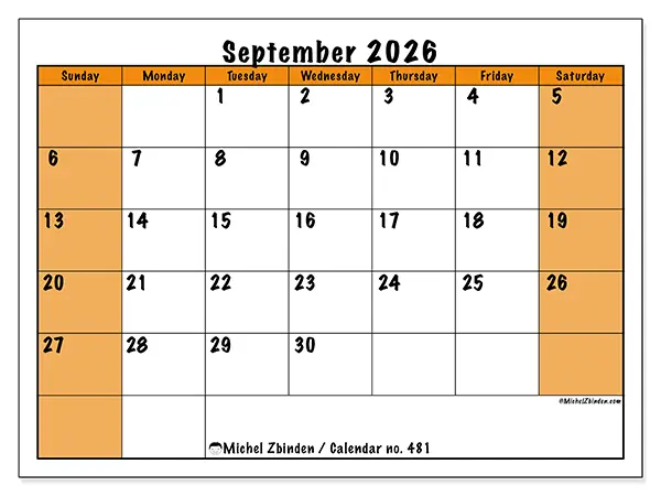 Printable September 2026 calendar - Dynamic planning - Week from Sunday to Saturday