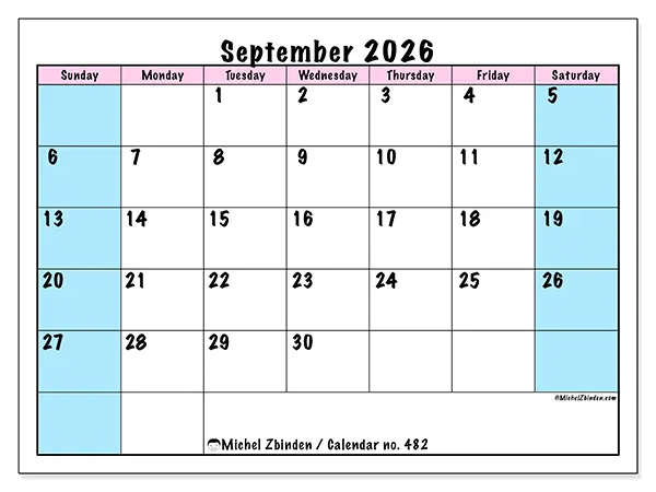 Printable September 2026 calendar - Team schedule - Week from Sunday to Saturday