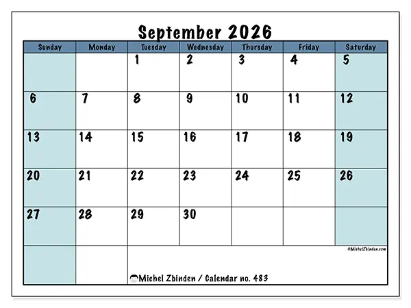 Printable September 2026 calendar - Structured for school - Week from Sunday to Saturday