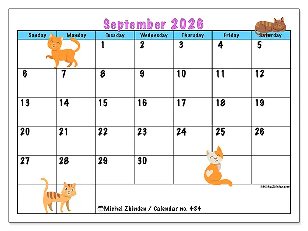 Printable September 2026 calendar - Love of cats - Week from Sunday to Saturday