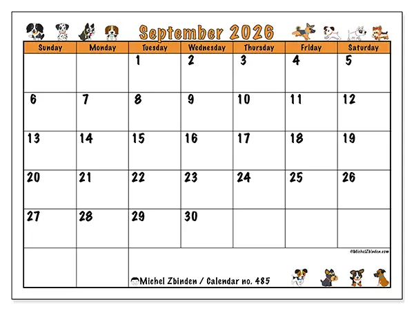 Printable September 2026 calendar - Enthusiastic dogs - Week from Sunday to Saturday
