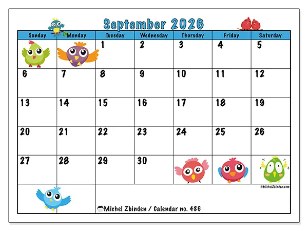 Printable September 2026 calendar - Funny birds - Week from Sunday to Saturday