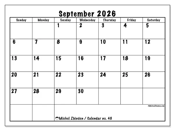 Printable September 2026 calendar - Daily efficiency - Week from Sunday to Saturday
