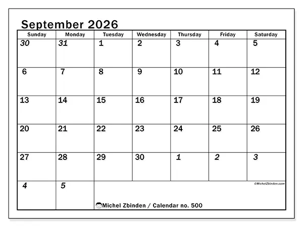 Printable September 2026 calendar - Intensive planning - Week from Sunday to Saturday