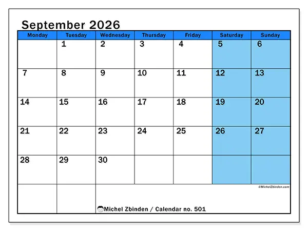Printable September 2026 calendar - Dynamic studies