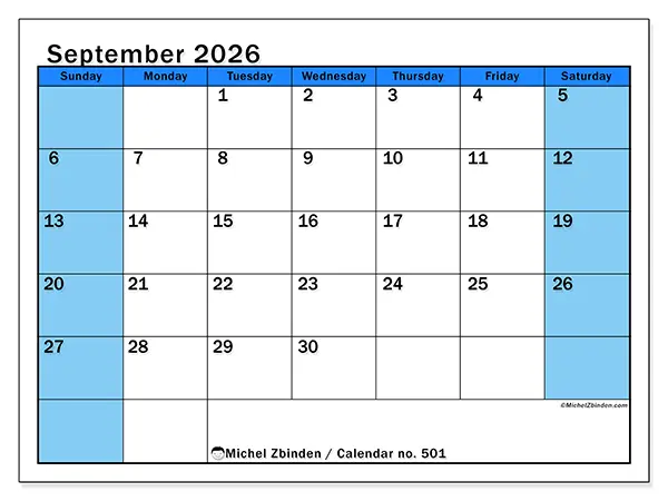 Printable September 2026 calendar - Dynamic studies - Week from Sunday to Saturday