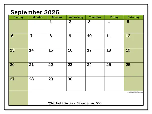 Printable September 2026 calendar - Lively organization - Week from Sunday to Saturday
