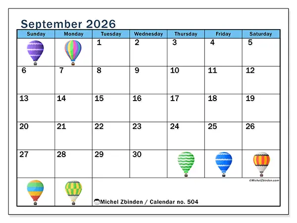 Printable September 2026 calendar - Hot air balloons - Week from Sunday to Saturday