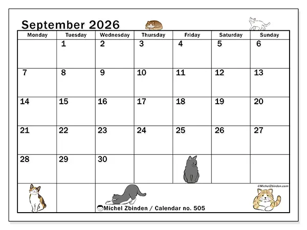 Printable September 2026 calendar - Cat life