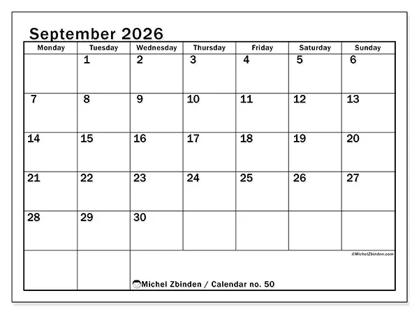 Printable September 2026 calendar - Optimal planning