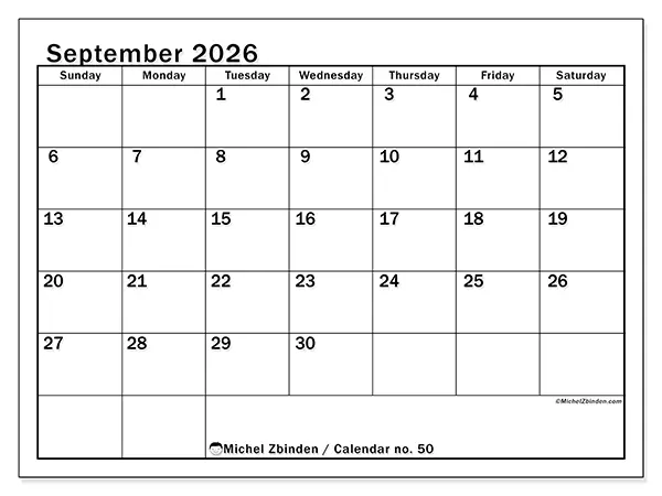 Printable September 2026 calendar - Optimal planning - Week from Sunday to Saturday