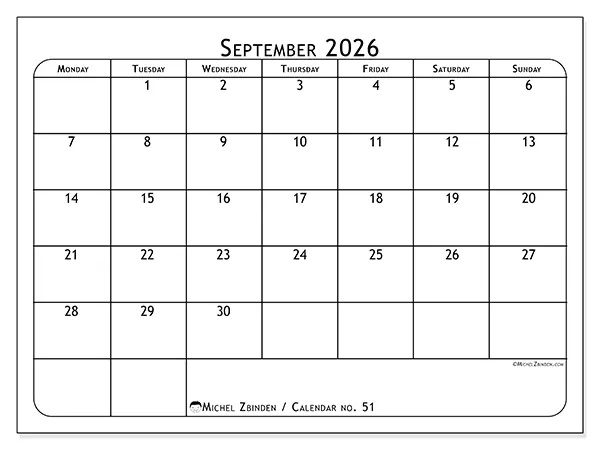Printable September 2026 calendar - Meal planner