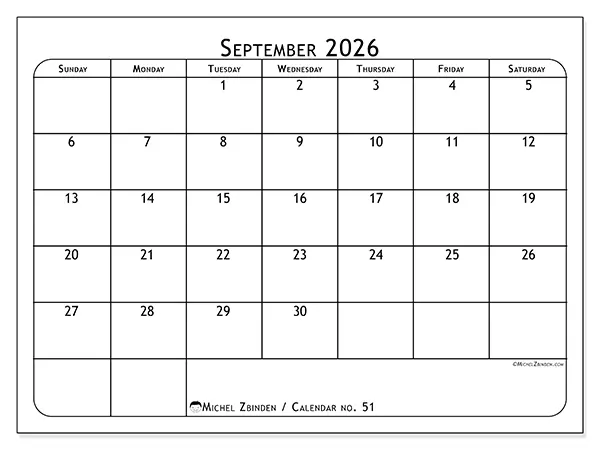 Printable September 2026 calendar - Meal planner - Week from Sunday to Saturday
