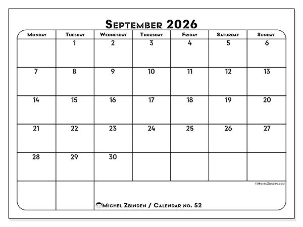 Printable September 2026 calendar - Professional organization