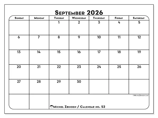 Printable September 2026 calendar - Professional organization - Week from Sunday to Saturday