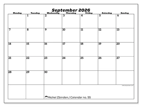 Printable September 2026 calendar - Leisure organization