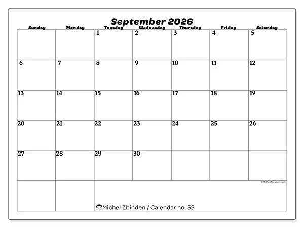 Printable September 2026 calendar - Leisure organization - Week from Sunday to Saturday