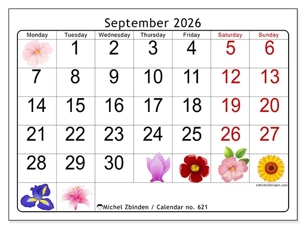 Printable September 2026 calendar - Big flowers