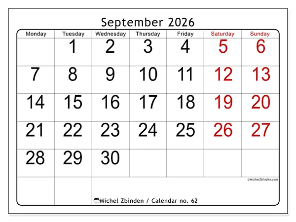 Printable September 2026 calendar - Speed reading