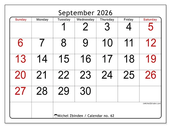Printable September 2026 calendar - Speed reading - Week from Sunday to Saturday