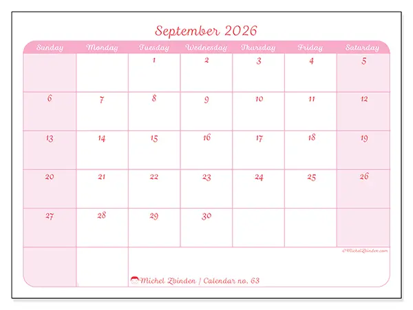 Printable September 2026 calendar - Gentle organization - Week from Sunday to Saturday
