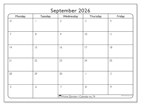 Printable September 2026 calendar - Work organization