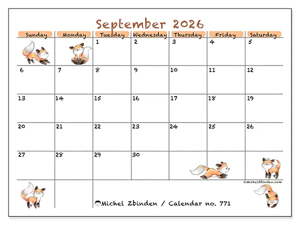 Printable September 2026 calendar - Fox drawings - Week from Sunday to Saturday