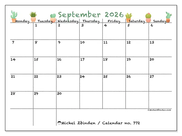 Printable September 2026 calendar - Decorative cactus