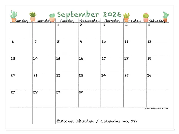 Printable September 2026 calendar - Decorative cactus - Week from Sunday to Saturday
