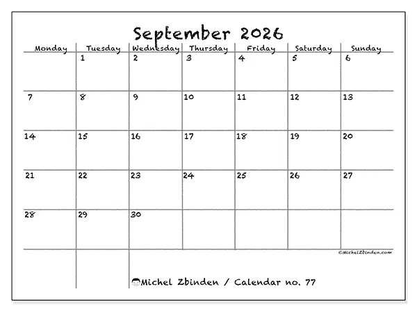 Printable September 2026 calendar - School and family