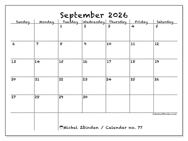 Printable September 2026 calendar - School and family - Week from Sunday to Saturday