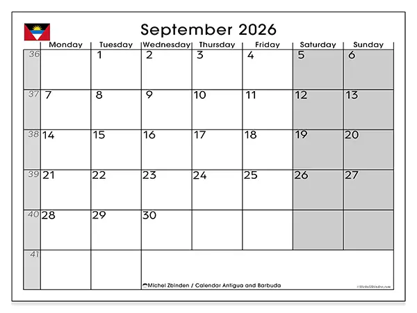 Printable September 2026 calendar - Antigua and Barbuda