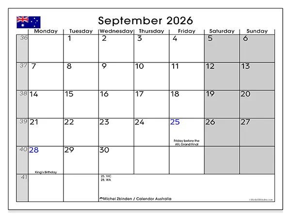 Printable September 2026 calendar - Australia